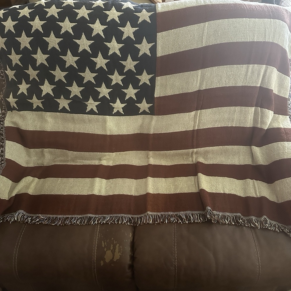 American Flag Woven Throw Blanket Fringe USA Patriotic Jacquard Tapestry